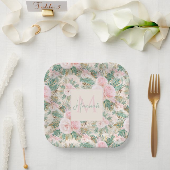 Elegant Blush Pink Roses Floral Mint Golden Leaves Paper Plates (Wedding)