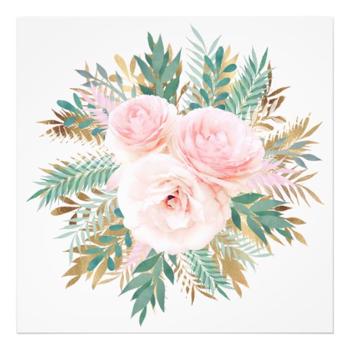 Elegant Blush Pink Roses Floral Mint Golden Leaves Photo Print