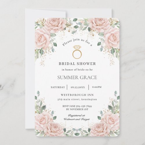 Elegant Blush Pink Roses Floral Ring Bridal Shower Invitation