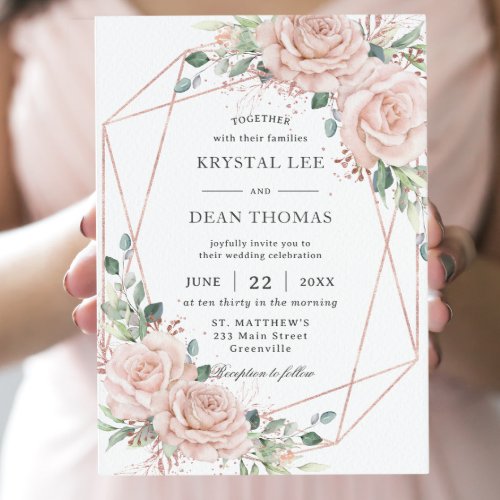Elegant Blush Pink Roses Floral Rose Gold Wedding Invitation