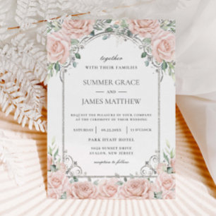 Elegant Blush Pink Roses Floral Silver Wedding Invitation