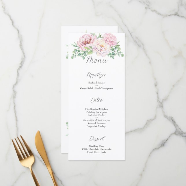 Elegant Blush Pink Roses Floral Wedding Menu (Front/Back In Situ)