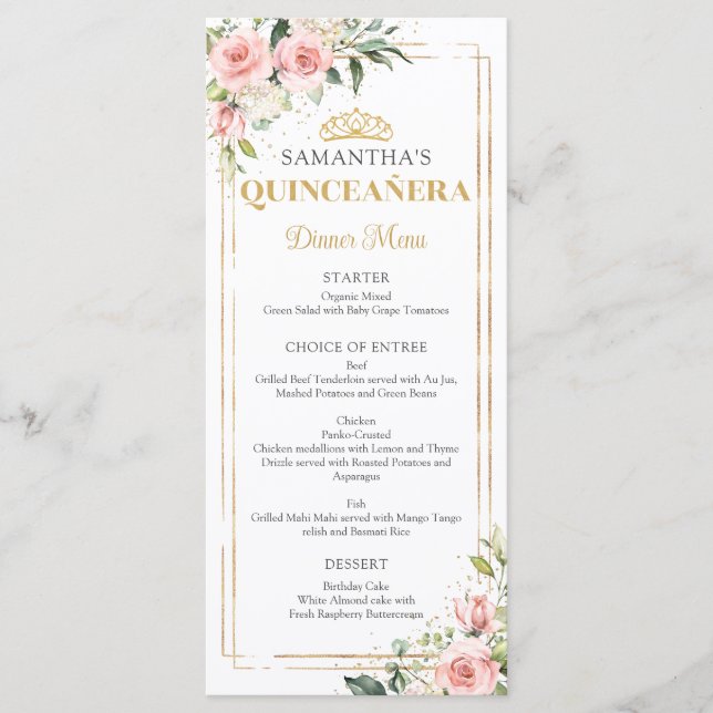 Elegant blush pink roses gold tiara Quinceanera Menu (Front)
