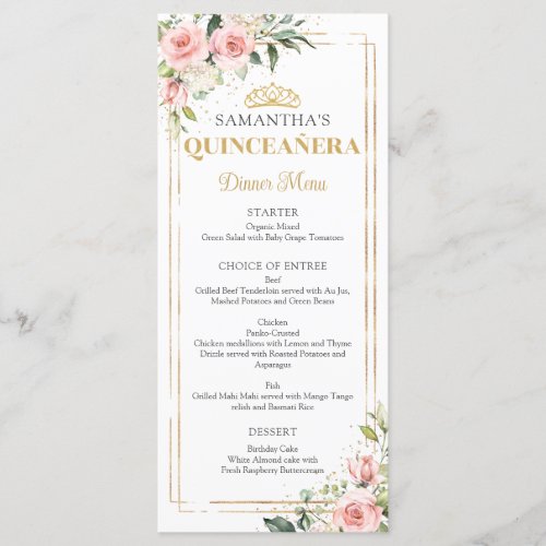 Elegant blush pink roses gold tiara Quinceanera Menu