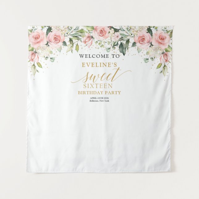 Elegant blush pink roses green gold 16th birthday tapestry (Front)