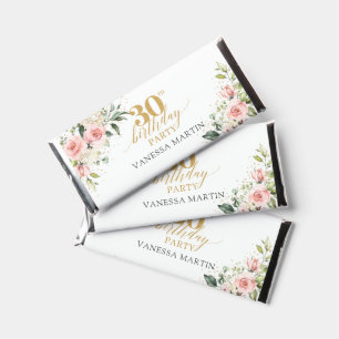 Elegant blush pink roses green gold 30th birthday hershey bar favors