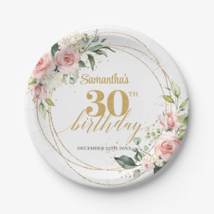 Elegant blush pink roses green gold 30th birthday paper plates