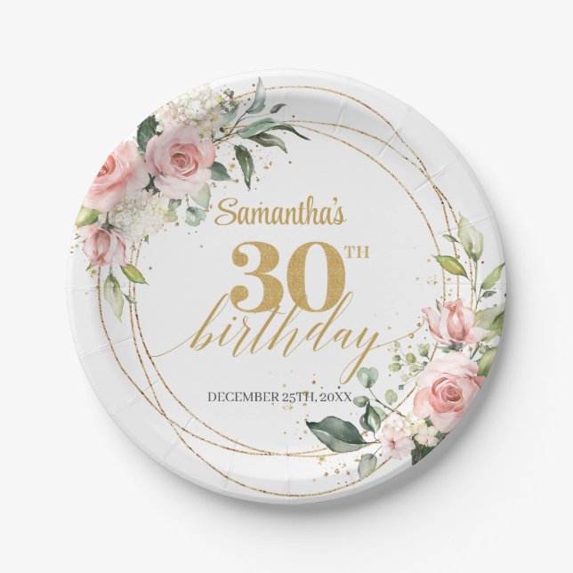 Elegant blush pink roses green gold 30th birthday paper plates (Front)