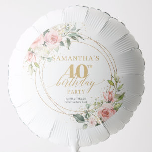 Elegant blush pink roses green gold 40th birthday balloon