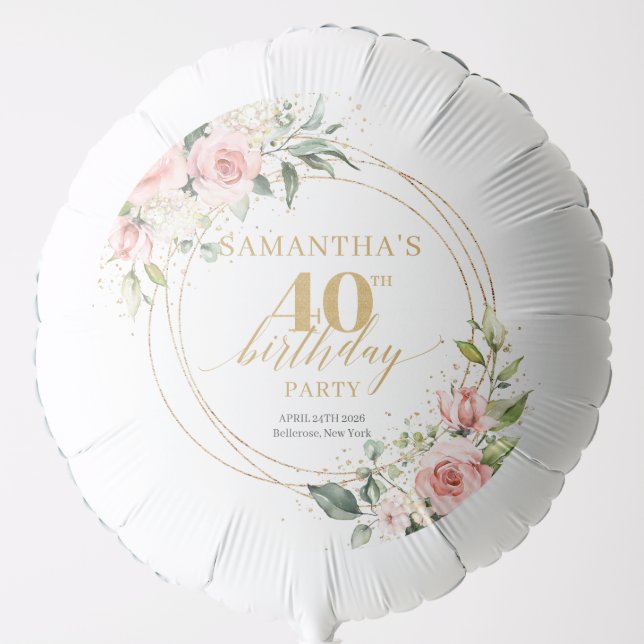 Elegant blush pink roses green gold 40th birthday balloon (Front)