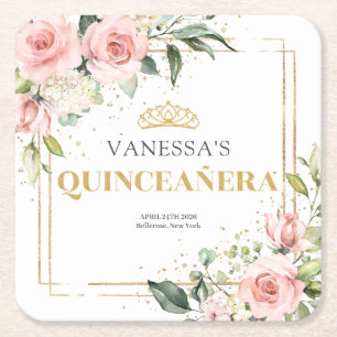 Elegant blush pink roses green gold Quinceañera Square Paper Coaster