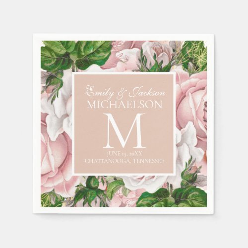 Elegant Blush Pink Roses Greenery Wedding Monogram Napkins