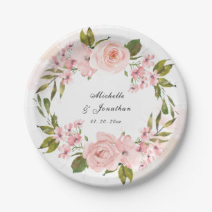 Elegant Blush Pink Roses Greenery Wreath Wedding Paper Plates