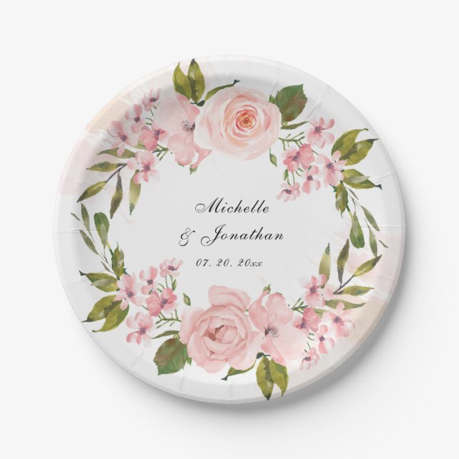 Elegant Blush Pink Roses Greenery Wreath Wedding Paper Plates (Front)