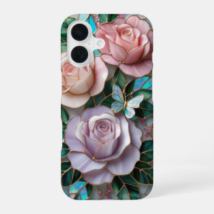 Elegant Blush Pink Roses in Stained Glass Art iPhone 16 Case