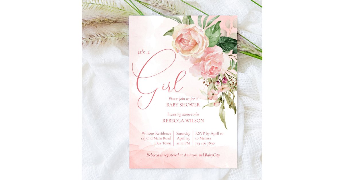 Elegant blush pink roses it's a girl baby shower invitation | Zazzle
