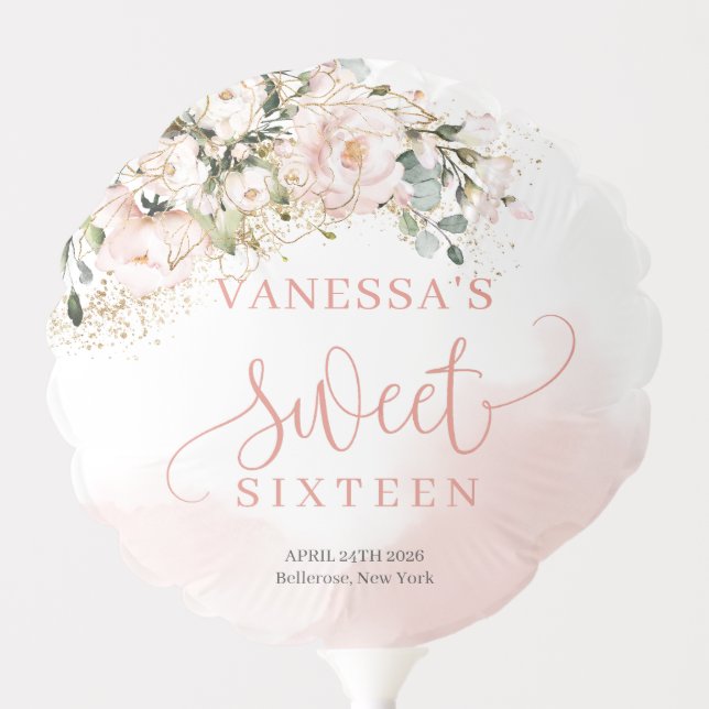 Elegant blush pink roses sage gold 16th birthday balloon (Front)