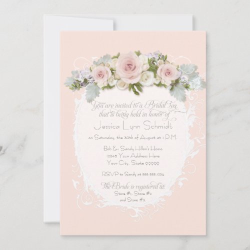 Elegant Blush Pink Roses Swirl Bridal Shower Tea Invitation