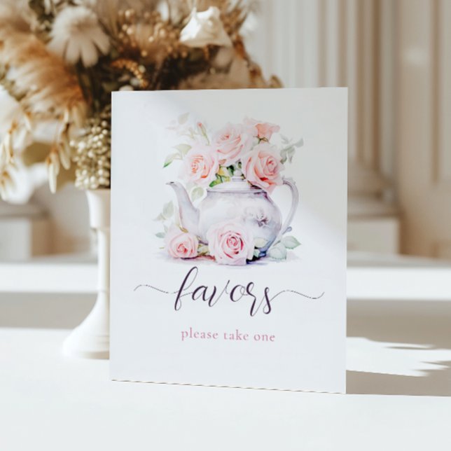 Elegant Blush Pink Roses Tea Party Favors Pedestal Sign (Creator Uploaded)