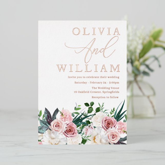 Elegant Blush Pink Roses Wedding Rose Gold Foil Invitation (Standing Front)
