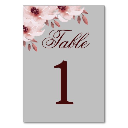Elegant Blush Pink Rust Watercolor Floral Table Number