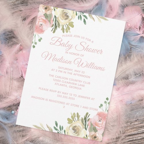 Elegant Blush Pink Sage Floral Girl Baby Shower Invitation