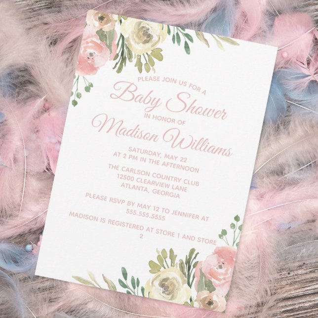 Elegant Blush Pink Sage Floral Girl Baby Shower Invitation (Creator Uploaded)