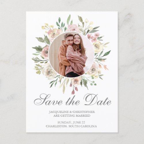 Elegant Blush Pink Sage Floral Photo Save the Date Postcard