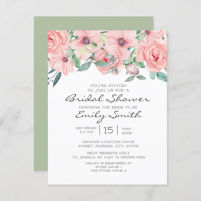 Elegant Blush Pink Sage Green Floral Bridal Shower Invitation | Zazzle