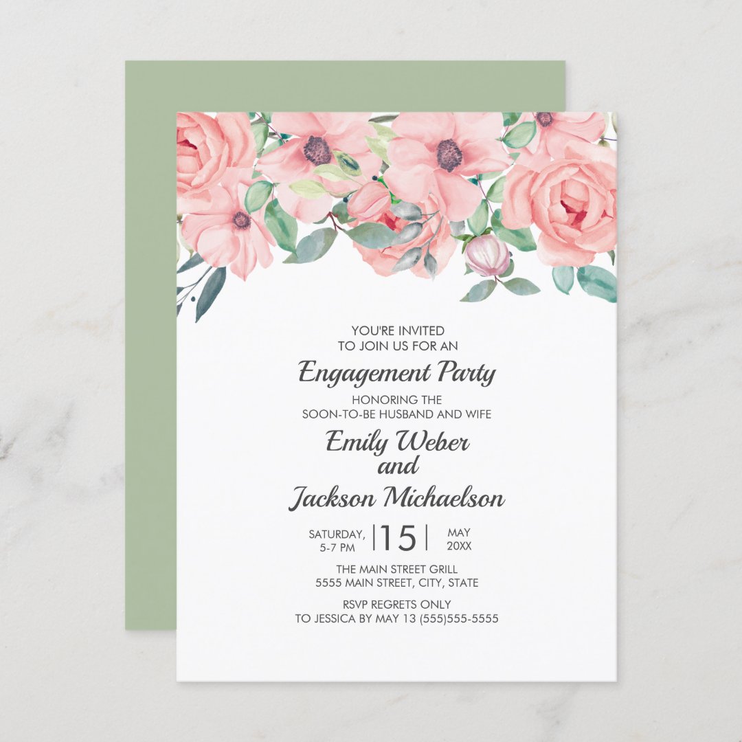 Elegant Blush Pink Sage Green Floral Engagement Invitation | Zazzle