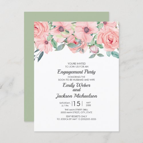 Elegant Blush Pink Sage Green Floral Engagement Invitation