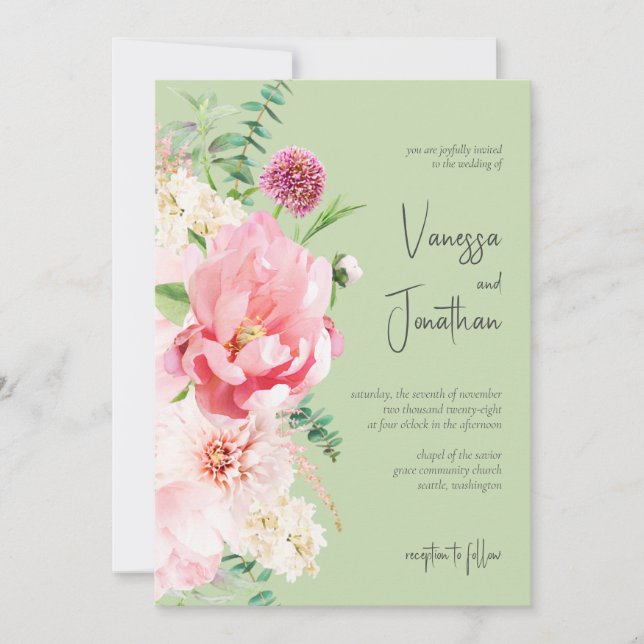 Elegant Blush Pink Sage Green Floral  Invitation (Front)