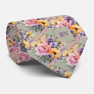 Elegant Blush Pink Sage Green Watercolor Flowers Neck Tie