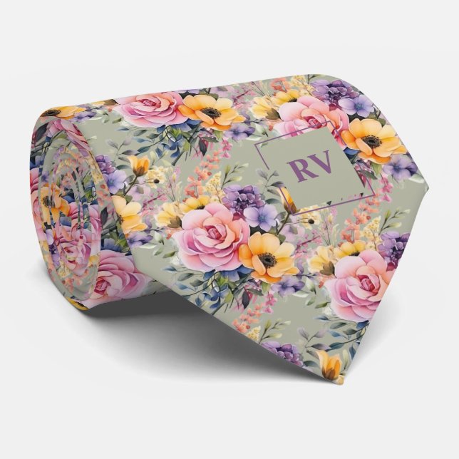 Elegant Blush Pink Sage Green Watercolor Flowers Neck Tie (Rolled)