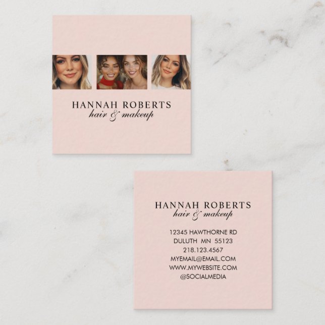 Elegant Blush Pink Script 3 Photo Hair Makeup Square Business Card (Front/Back)