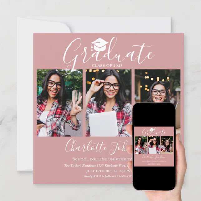 Elegant Blush Pink Script 4 Photo Graduation Party Invitation Zazzle