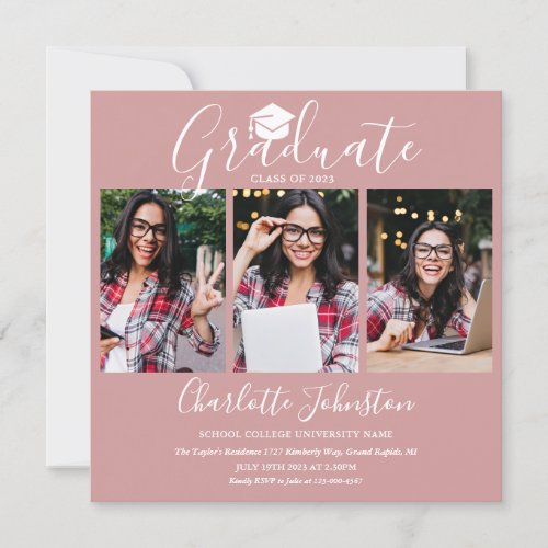 Elegant Blush Pink Script 4 Photo Graduation Party Invitation