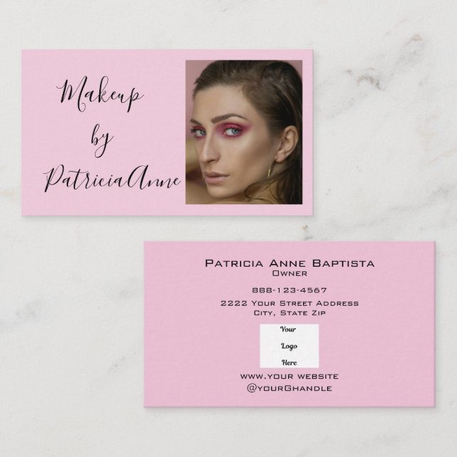 Elegant Blush Pink Script Logo Photo Makeup Business Card (Front/Back)