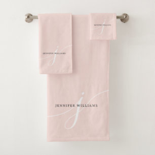 Elegant Blush Pink Script Monogram Typography Bath Towel Set