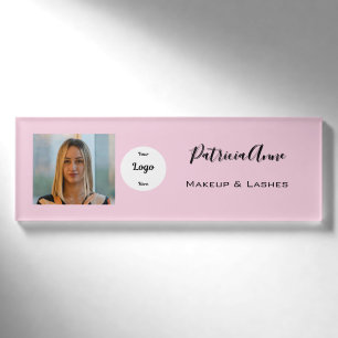 Elegant Blush Pink Script Photo Logo Makeup Name Tag