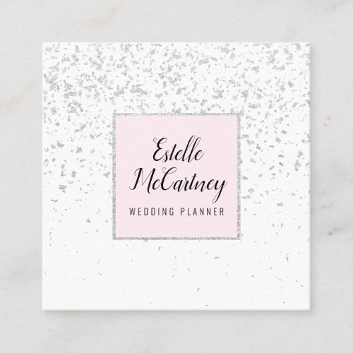 Elegant blush pink silver glitter confetti glam square business card