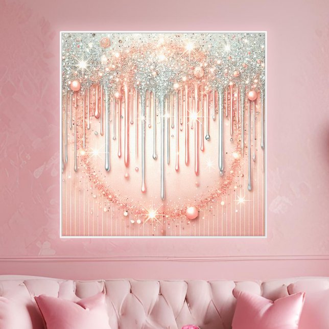 Elegant Blush Pink & Silver Glitter Drip  Canvas Print (A chic glam accent featuring blush tones and silver glitter for stylish interior decor.)