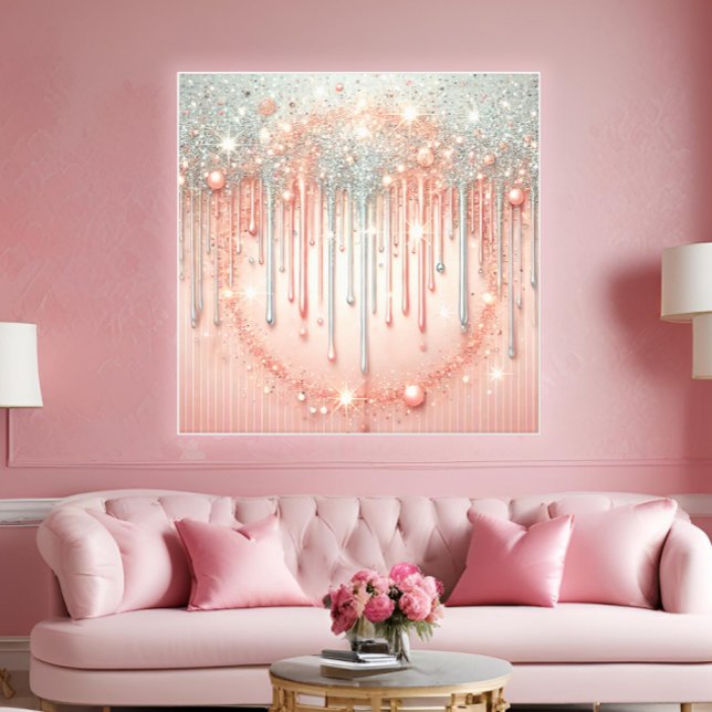Elegant Blush Pink & Silver Glitter Drip  Canvas Print (A chic glam accent featuring blush tones and silver glitter for stylish interior decor.)