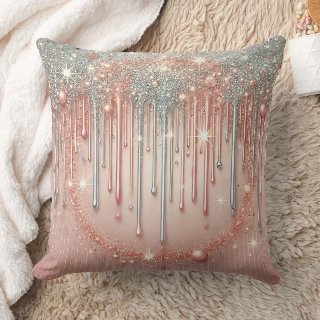 Elegant Blush Pink & Silver Glitter Drip  Throw Pillow (Blanket)