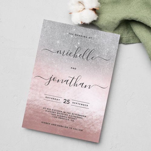 Elegant Blush Pink Silver Glitter Gradient Wedding Invitation