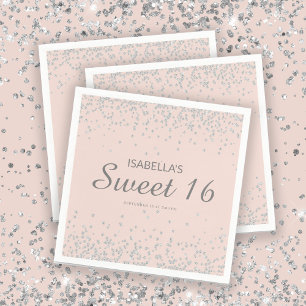 Elegant Blush Pink Silver Glitter Sweet 16 Name Napkins