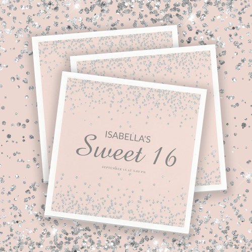 Elegant Blush Pink Silver Glitter Sweet 16 Name  Napkins