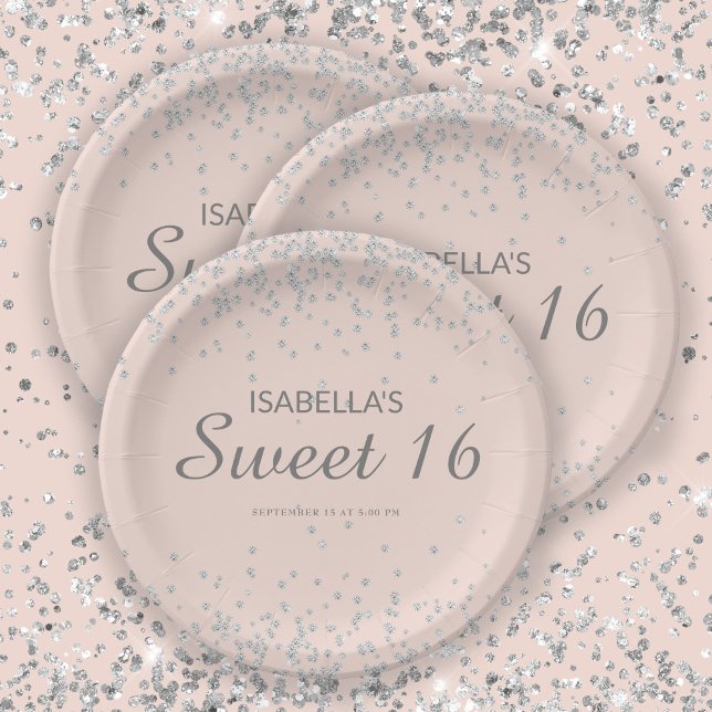 Elegant Blush Pink Silver Glitter Sweet 16 Name  Paper Plates (Creator Uploaded)