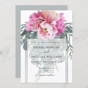 Elegant Blush Pink Silver Gray Bouquet Wedding Invitation