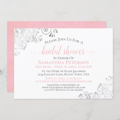 Elegant Blush Pink Silver Lace White Bridal Shower Invitation